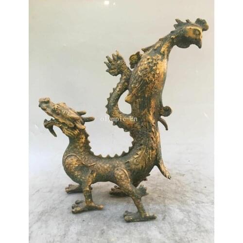 13'' old bronze inlay gild carved auspicious animal beast both dragon phoenix