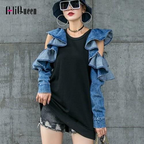 2020 Autumn Women Butterfly Sleeve Patchwork Denim Sweatshirt Female Sexy Hollow Out Designer Sweatshirt Pullover Streetwear