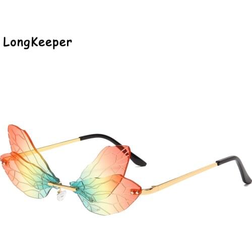 2021 Personality Dragonfly Wings Sunglasses Women Vintage Rimless Steampunk Eyewear Female Clear Colorful Ocean Lens SunGlasses