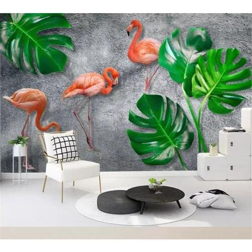 Beibehang custom green wallpaper hand-painted small fresh tropical leaves butterfly flamingo TV background home decoration