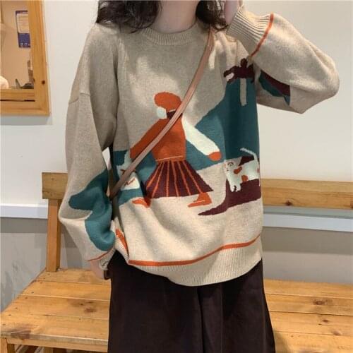 Casular Fashion Loose Soft Winter Design Women Pullover Sweaters Long Sleeve CartoonColor Block High-quality Knitwear Tops