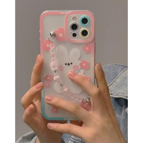 Korea ins Cute Flower Rabbit Chain Phone Case For iphone 12Mini 11 Pro Max 7 8 plus X XR XS SE 2020 Clear Protect Cover Bracelet