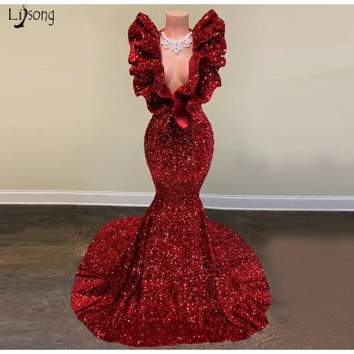 Long Sparkly Prom Dresses 2021 Real V-neck Sleeveless Mermaid Ruffles Burgundy Sequin African Black Girls Prom Dress Party Gowns