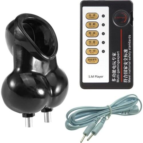 Electric shock scrotum binding bag global stretcher male delayed ejaculation penis ring cock cage medical theme sex toys
