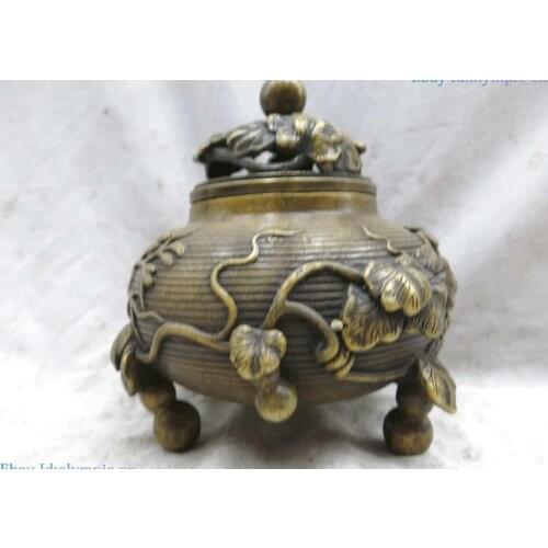 7" China brass censer carved Feng Shui fine calabash Incense Burner Statue