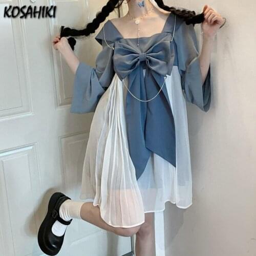 KOSAHIKI Kawaii Girl Lolita Long Sleeve Dress Women Sweet Cute Bow Bandage Square Collar Dress Summer J2K Vestido De Mujer