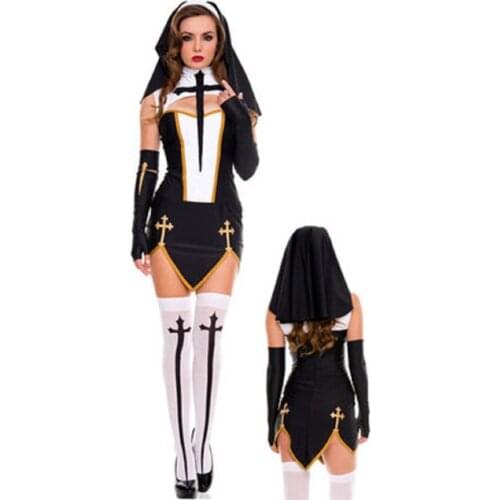 Halloween Nun Cosplay Costume Adult Role Playing Costume Set Halloween Game Suit Dress Headwear Hand Sleeve