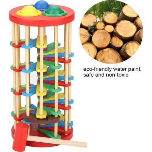 Colorful Wooden Knock Ball Ladder Toy Roll Wooden Tower with Hammer Intelligence Development toy for baby Kids Children Gift