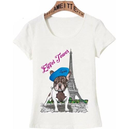 Lovely French Bulldog on Paris Eiffel Tower Print T-Shirt AMEITTE Summer Womens Dog Lovers O-Neck Casual Tops Cute Girl Tees