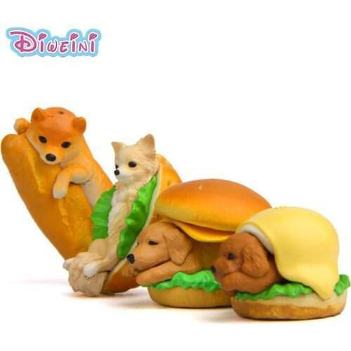 4pc Dog Hamburger Miniature Figurine cartoon puppy Figures animal models Pet toy DIY Accessories Doll House toy Decoration