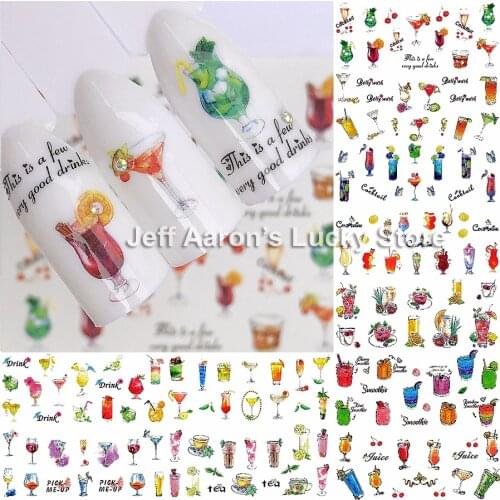 12 Sheets cocktail water transfer nail sticker decals manicure nails sticker art decorations supplies tool fruit juice designs