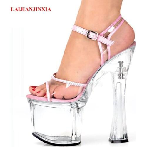 LAIJIANJINXIA New Clear Crystal Spool heels Sweet Pink Womens Sandals 7 inches Super High Heeled Shoes 18 CM Novelty Sexy Shoes