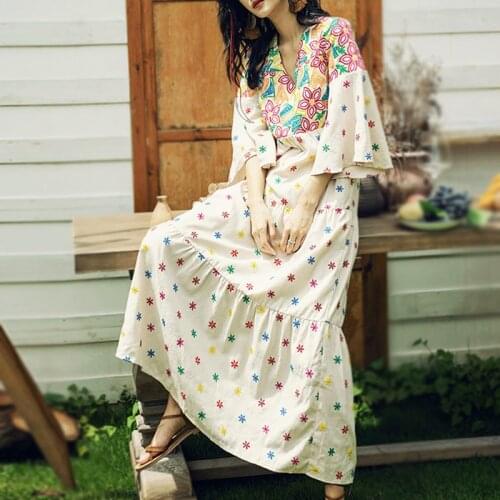 TEELYNN tunic maxi dress Beige cotton floral embroidery autumn dresses flare sleeve boho dresses loose women dresses vestidos