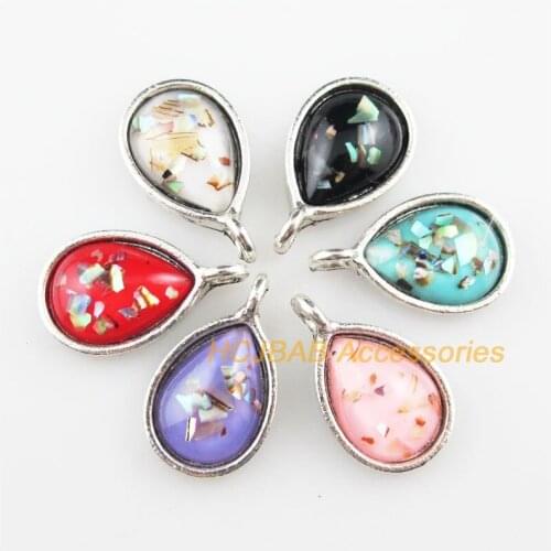 12 New Shivering Resin Pendants Teardrop Mixed Charms Tibetan Silver 12x20mm