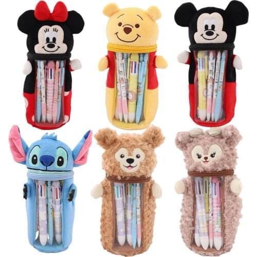 Disney Mickey Minnie Stitch Plush Pencil Case Cartoon Pen Holder Popular Girl Boy Melody Transparent Storage Bag Shipping Free