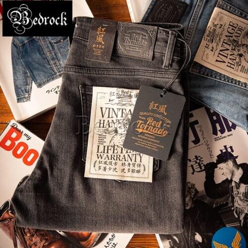 RT 12oz vintage washed jeans for men Summer thin gray black Stretch straight Long-staple cotton denim jeans slim pencil pants