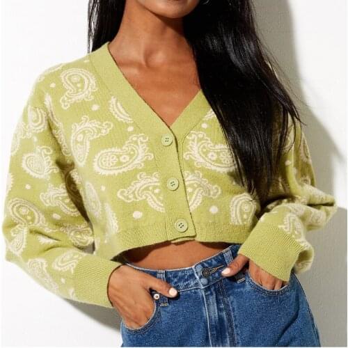 Paisley Sweaters Cardigan Women Green Croped Knit Sweater Jumper Fashion Sweet Lady Print Knitwear Coat Outfit Women Warm