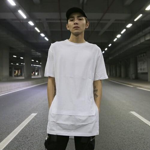 High street OVER SIZE lengthened double-layer front and rear long split plain all-match bottoming T-shirt short sleeve GD