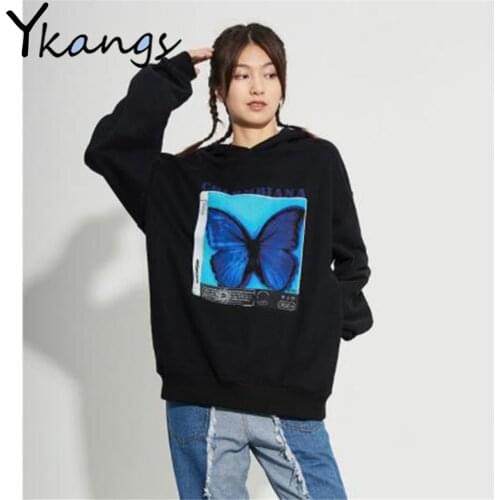 Dark Style Butterfly Printing Hooded Streetwear Korean Trend Loose Cool Sweatshirt Spring Autumn Harajuku Bf Women Black Hoodie