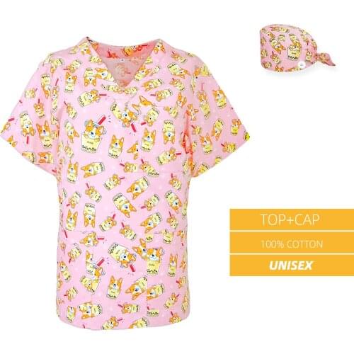 Anime Print Uniforms Top Working Nursing Uniform for Women Men Lab Dental Clinic Doctors Nurse Pet Fashion Scrubs Tops and caps