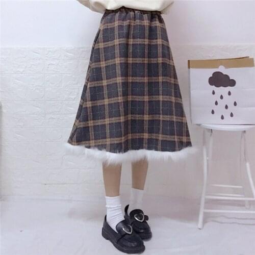 Japanese Style Vintage Plaid Skirts Harajuku Sweet High Waist Woolen Skirts Women A-line Fuzzy Patchwork Casual Girls Midi Skirt