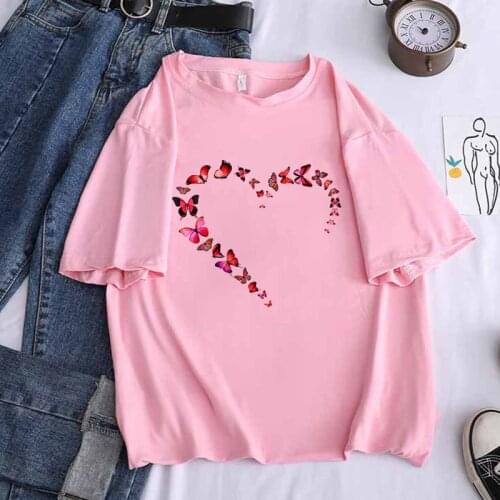 Women Butterfly Heart Pink T Shirt 2021 Casual Kawaii Hipster Cup Tees Top Female Sexy Harajuku Girl Clothes,Drop Ship