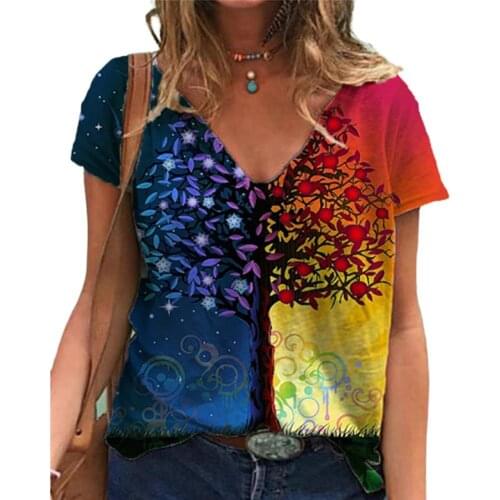Tie Dye 3D Floral Print Women T Shirts Casual Short Sleeve Loose Plus Size Tops Fashion Street Ladies V-Neck Summer Tee 2021 New