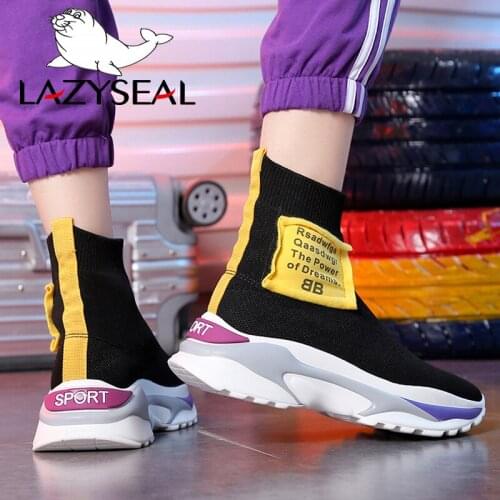 LazySeal New Patchwork Air Mesh Ankle Boots Slip-on Round Toe Platform Sneakers Chunky Heel Ladies Sock Boots Casual Woman Shoes