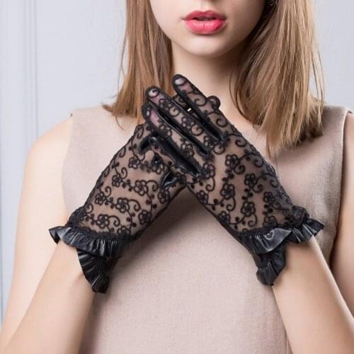 Ladies Stylish Lace Up Genuine Leather Thin Gloves Women Motorcycle Bows Ruffle Touchable Can Use Smart Phone Guantes Mujer