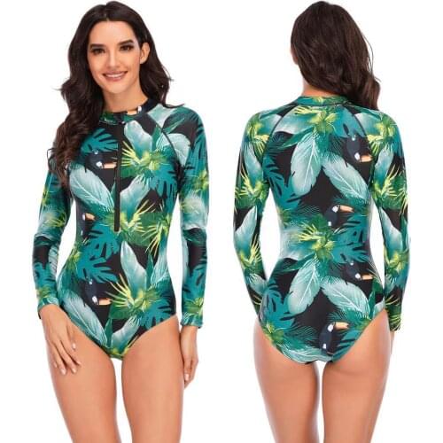 Women Long Sleeve Zipper Rashguard Swimsuit Floral Print Swimwear Surfing Top