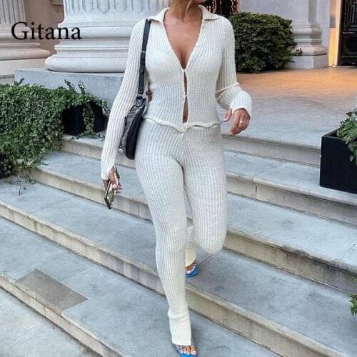 Gitana Autumn Button Ribbed Knitted Two Piece Set Women V-Neck Top and Pants Long Sleeve Bodycon Jumpsuits Sexy Matching Sets
