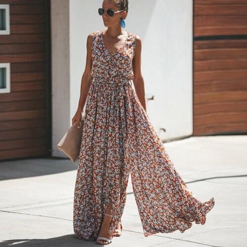 TEELYNN maxi dress floral print sexy v-neck summer dresses sleeveless Split fork sundress loose Gypsy boho women dresses vestido