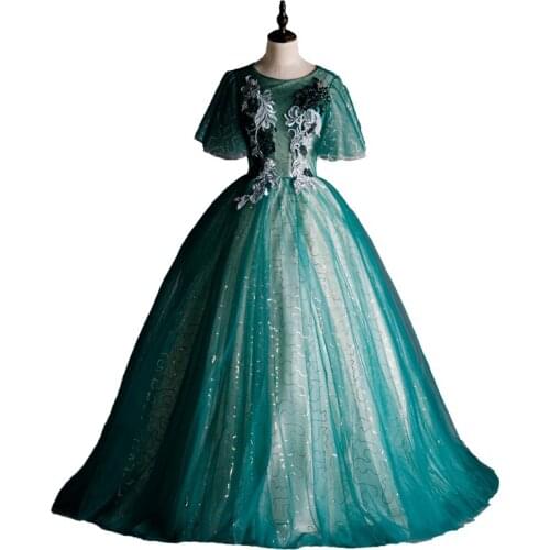 100%real dark green sequined beading butterfly sleeve vintage ball gown royal Medieval Renaissance Victorian dress Belle ball