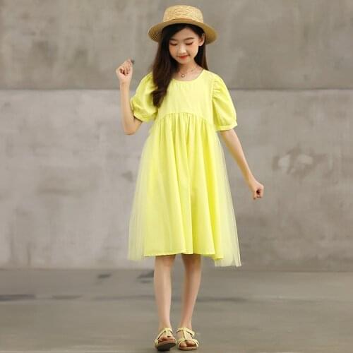 2021 Girl Dress Summer Yellow Kids Dresses for Girls Puff Sleeve Elegant Princess Dress Childrens Clothing 4 6 8 10 12 14 Y
