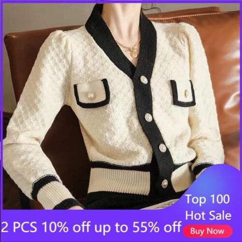 2021 women Cardigan long sleeve v neck slim elegant french style sweater coats 6775