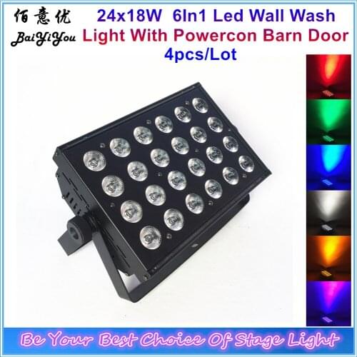 4pcs/Lot Unique 24x18W RGBWA+UV 6In1 Led Indoor Wall Wash Light 24pcs Square Slim Shape DMX Flood Light With Powercon Barn Door