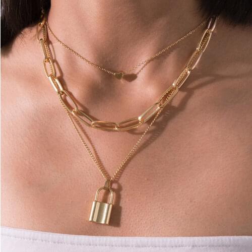 Punk Hyperbole Metal Lock Pendant Necklaces for Women Female Gold Color Alloy Chain Heart Multi Layed Choker Necklace Jewelry