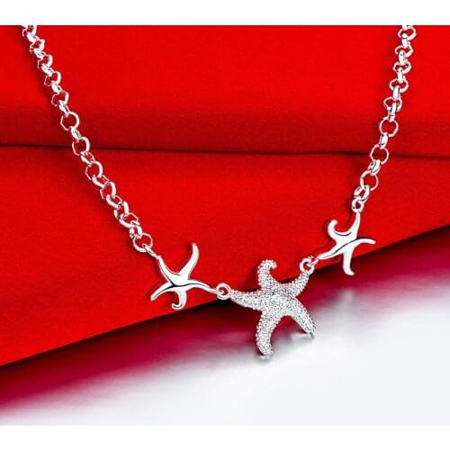 HXH QRX 925 Sterling Silver 18 Inches Three Starfish Chain Necklace For Women Fashion Wedding Party Gift Charm Jewelry
