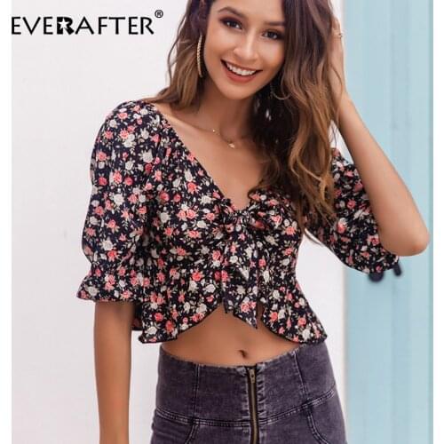 EVERAFTER Vintage sexy v-neck beach women blouse shirts sexy bow lace up ruffles half blouses floral print casual chic tops tees
