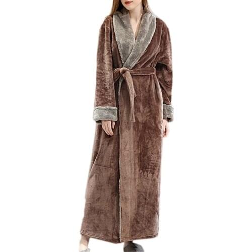 Women Men Winter Flannel Sexy Lapel Bathrobe Thicken Coral Velvet Contrast Color Long Kimono Robe Warm Belted Nightgown Sleepwea