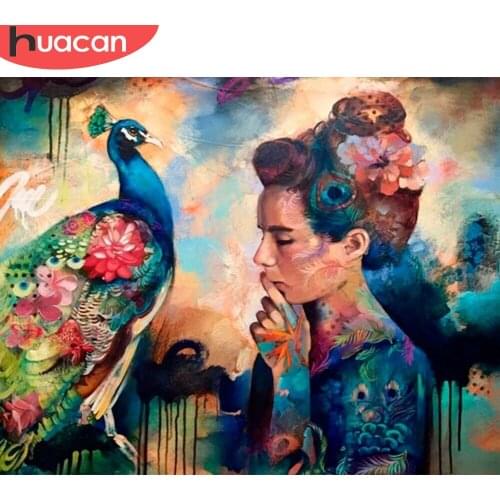 HUACAN Coloring By Number Girl Peacock Kits Home Decoration Pictures Painting By Number Figure HandPainted Art Gift