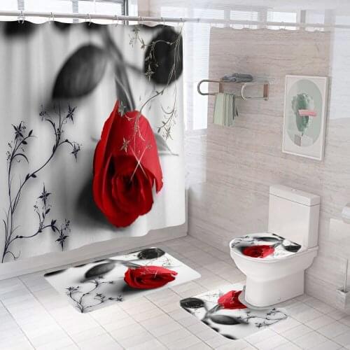 Red Rose Flower Elegant Shower Curtains Bathroom Curtain Bath Sets Toilet Cover Mat Non-Slip Washroom Rug Set Modern 180x180cm