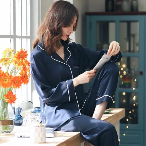 Summer Satin Silk Pajama Thin Navy Blue Pyjamas For Women PJ Set Full Sleeve Sleepwear Ladies Night Wear Ice Silk Pijamas Female