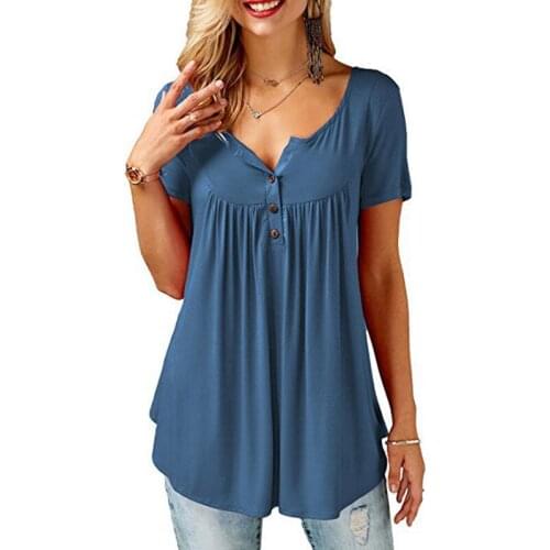 Summer Short Sleeve Loose T-Shirt Female Casual Simple Straight Ruched Solid Color Buttons Tops Fashion Streetwear Plus Size