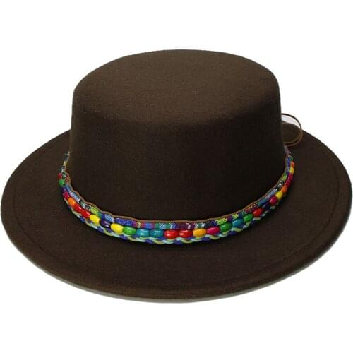 LUCKYLIANJI Retro Kid Vintage 100% Wool Wide Brim Cap Pork Pie Porkpie Bowler Hat Nation Wind Bead Leather Band(54cm/Adjusted)