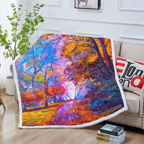 Oil Painting Landscape Sherpa Blanket on Bed Plush Throw Blanket Colorful Autumn Trees Bedspread Sofa Cover
