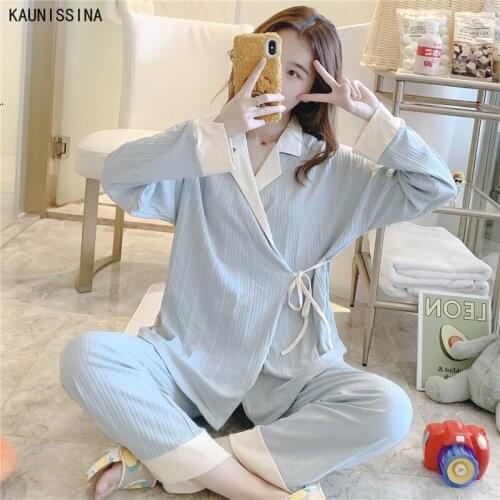 Women Cotton Pajamas Autumn Maternity Nursing Sleepwear Breastfeeding Nightwear Kimono Tops Long Pants Two Piece Pajama Suits