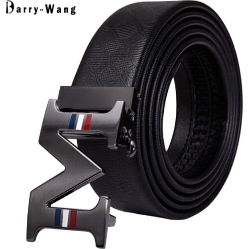 Barry.Wang M Letter Buckle Belt for Men Black Genuine Leather Belt Automatic Sliding Ratchet Buckle Waist Strap Designer PD-2186