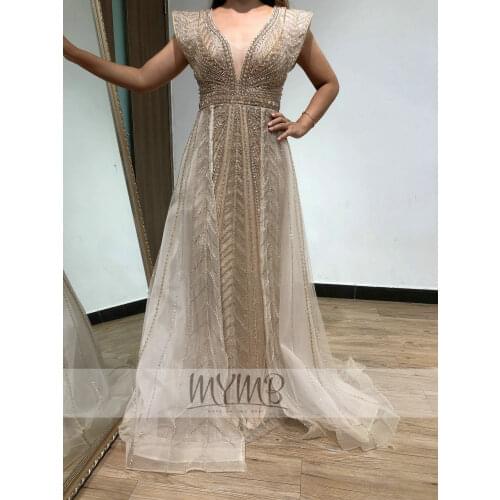 MYMB Luxury Dubai Arabic Gold Evening Dresses Hand Beaded Plunging Neck Long Mermaid Queen Wedding Party Gowns Formal Dresses