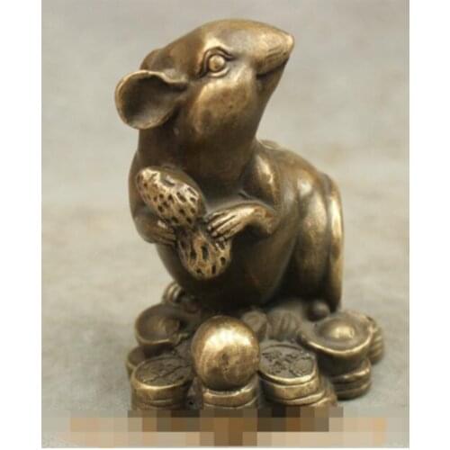 S1543 Chinese Bronze Copper Wealth YuanBao Coin Zodiac Lovely Mouse Statue Figurine